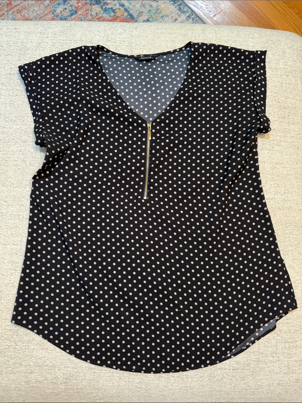 Express Black Polka Dot V-Neck Blouse with Gold Zip